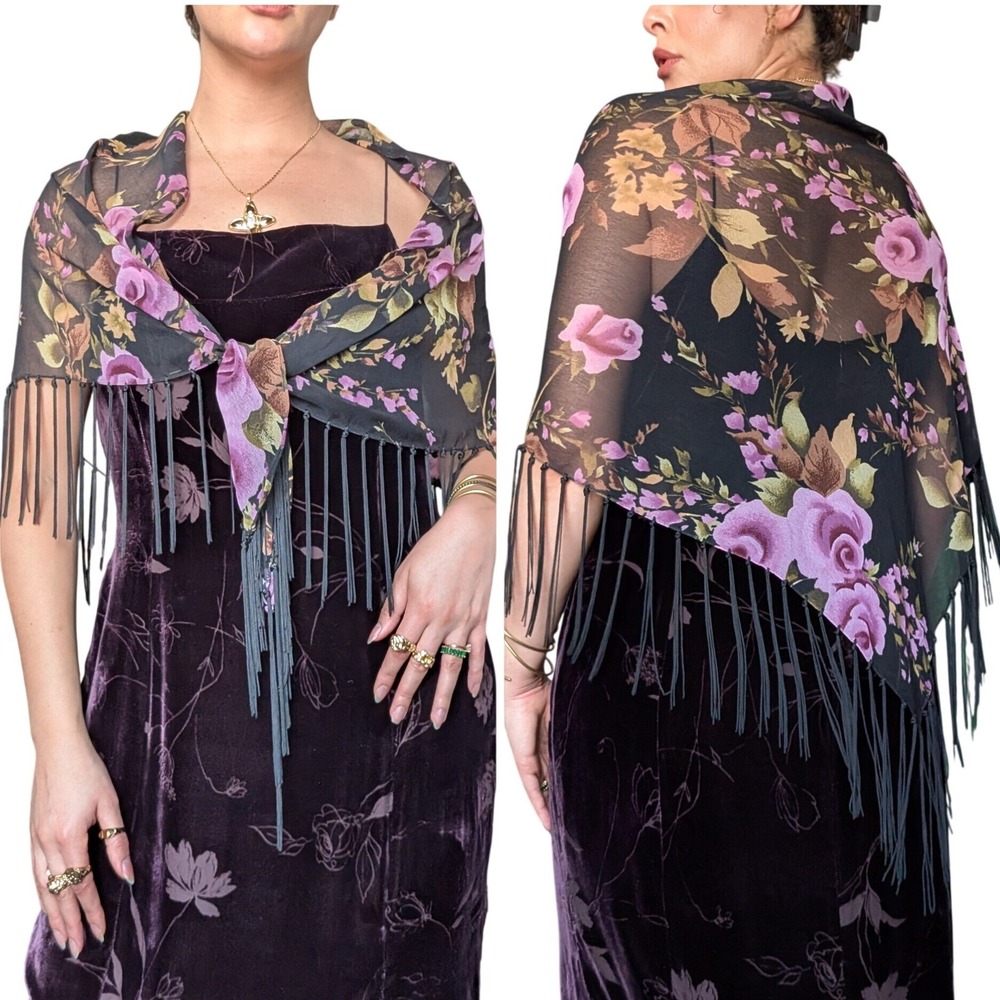 Vintage Y2K Whimsigoth Romantic Rich Purple Floral Fringe Shall Triangle Scarf